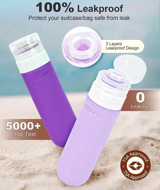 Alt view image 2 of 6 - Quatish Travel Bottles for Toiletries 6 Pack, Original Patented Leakproof 3 oz Tsa Approved Travel Size Containers, BPA Free Silicone Shampoo and Conditioner Bottles, Cruise Camping Essentials, Purple