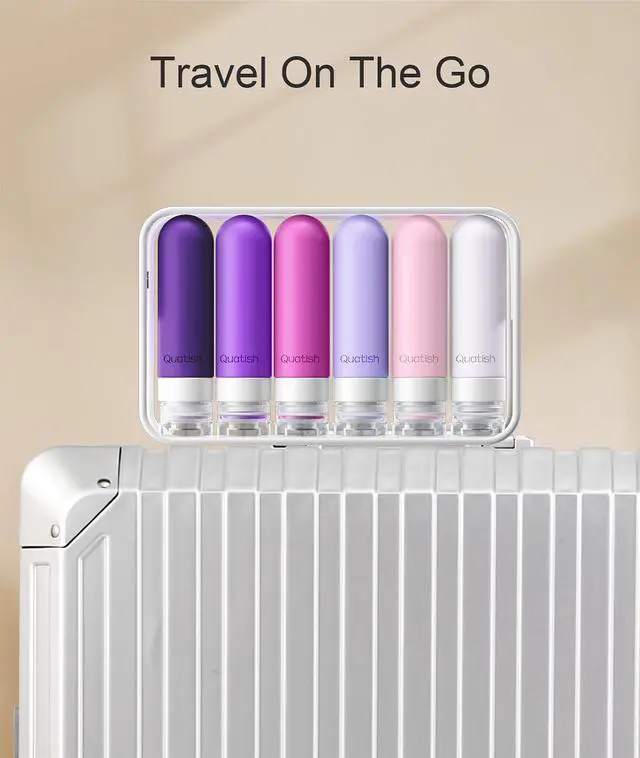 Alt view image 6 of 6 - Quatish Travel Bottles for Toiletries 6 Pack, Original Patented Leakproof 3 oz Tsa Approved Travel Size Containers, BPA Free Silicone Shampoo and Conditioner Bottles, Cruise Camping Essentials, Purple