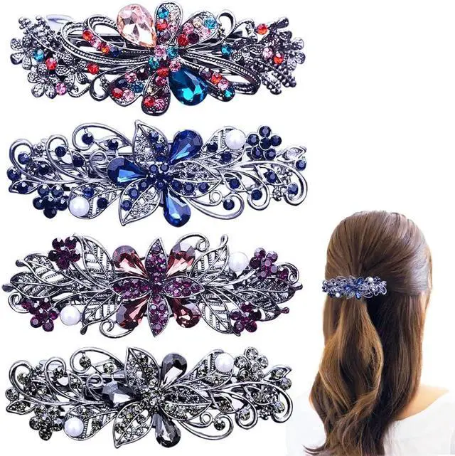 Main image of 4 PCS Hair Barrettes for Women Ladies, Flower Crystal Rhinestones Barrette Pearl Spring Hair Clip Accessories Women Fashion Ponytail Holders Barrette for Daily Wear Mothers Day present