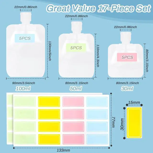 Alt view image 3 of 7 - RAINFLOW 17 Pack Travel Pouches for Toiletries - TSA Compliant Leak Proof | Refillable Liquid Pouches, Flat Travel Bottles for Shampoo Lotion Soap, Carry On Travel Containers 30ml 50ml 100ml