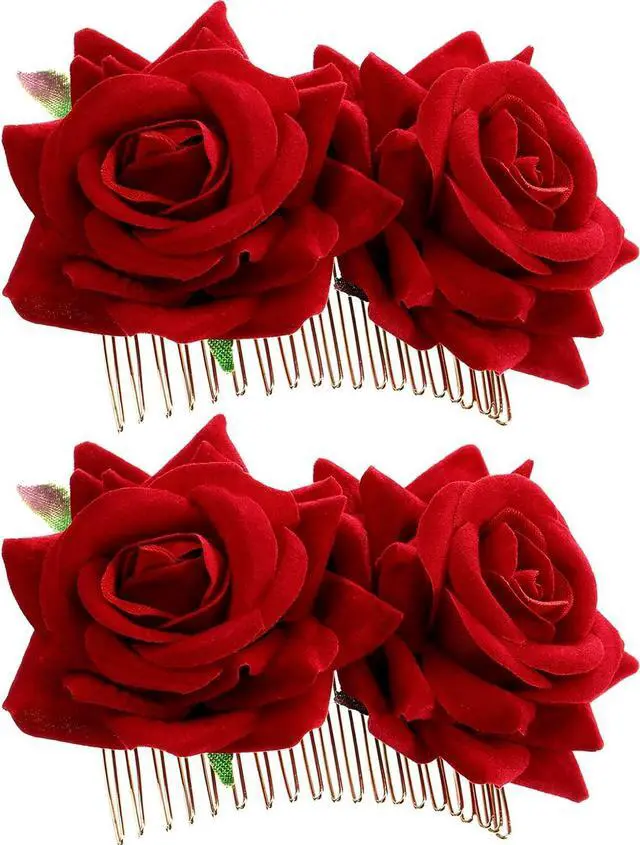 Main image of Bememo 2 Pack Women Red Rose Flower Hair Clips Flamenco Flower Side Combs | Mexican Hair Accessories for Day of the Dead, Weddings, Bridal, Salsa Party and Halloween Costumes