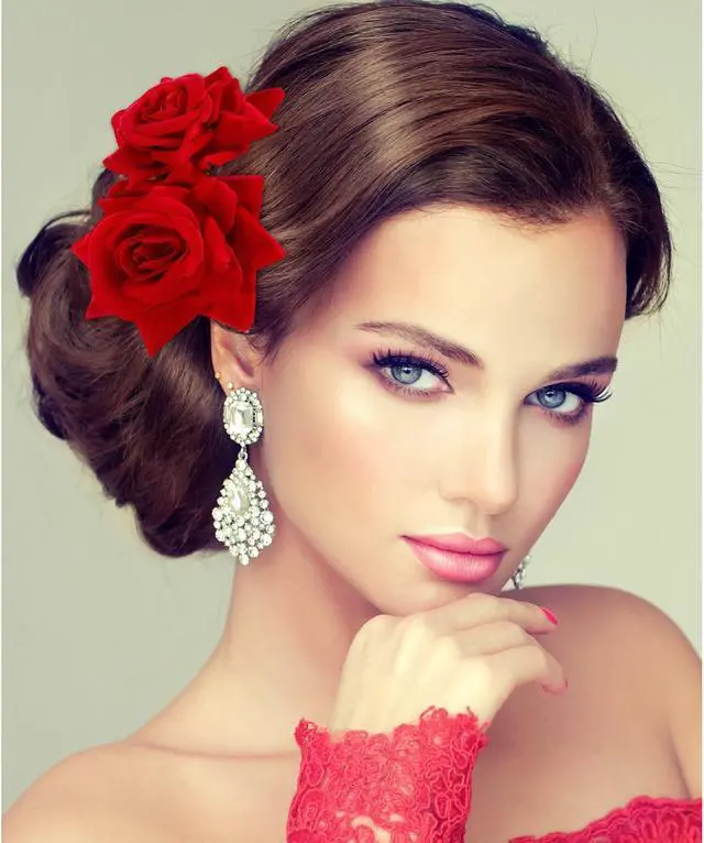 Alt view image 2 of 5 - Bememo 2 Pack Women Red Rose Flower Hair Clips Flamenco Flower Side Combs | Mexican Hair Accessories for Day of the Dead, Weddings, Bridal, Salsa Party and Halloween Costumes