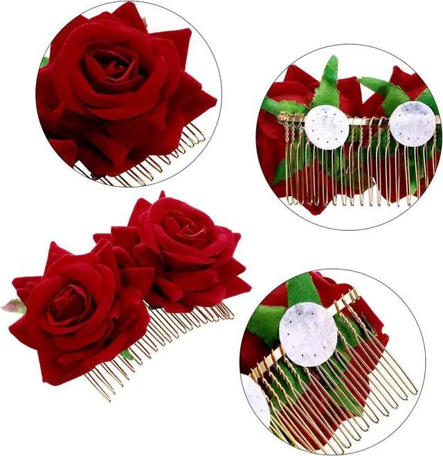 Alt view image 5 of 5 - Bememo 2 Pack Women Red Rose Flower Hair Clips Flamenco Flower Side Combs | Mexican Hair Accessories for Day of the Dead, Weddings, Bridal, Salsa Party and Halloween Costumes