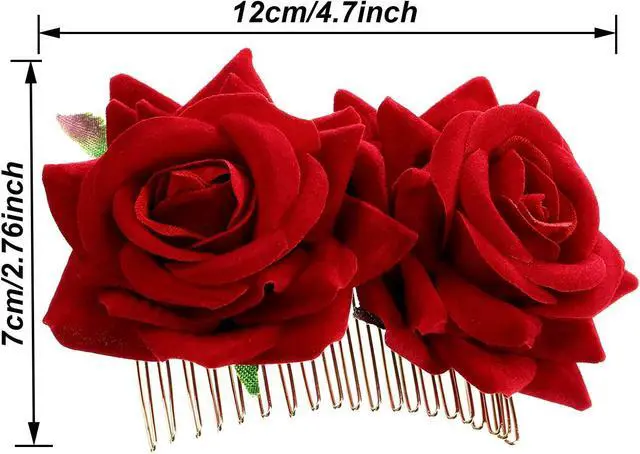 Alt view image 4 of 5 - Bememo 2 Pack Women Red Rose Flower Hair Clips Flamenco Flower Side Combs | Mexican Hair Accessories for Day of the Dead, Weddings, Bridal, Salsa Party and Halloween Costumes