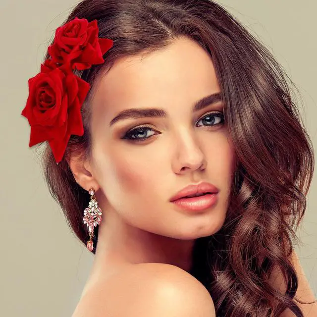 Alt view image 3 of 5 - Bememo 2 Pack Women Red Rose Flower Hair Clips Flamenco Flower Side Combs | Mexican Hair Accessories for Day of the Dead, Weddings, Bridal, Salsa Party and Halloween Costumes