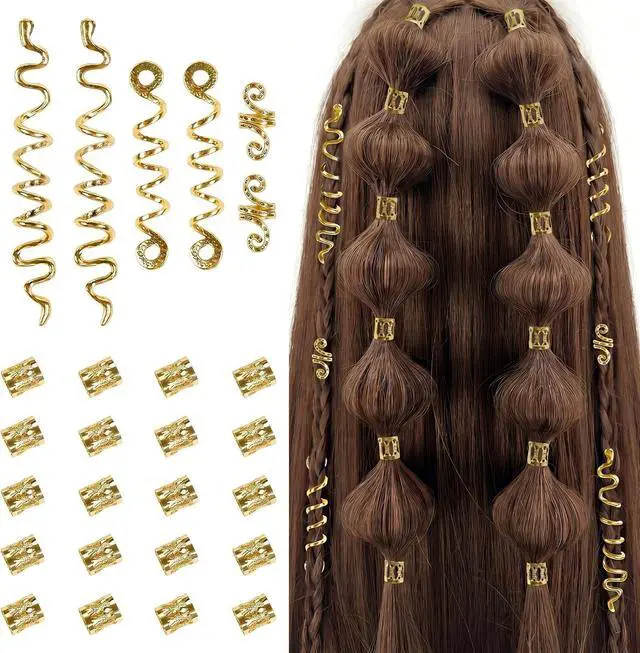 Main image of TEBIEKOY 26pcs Gold Hair Accessories for Women Loc Hair Jewelry for Braids Metal Dreadlock Beads Set Snake Hair Clips Decoration Gold