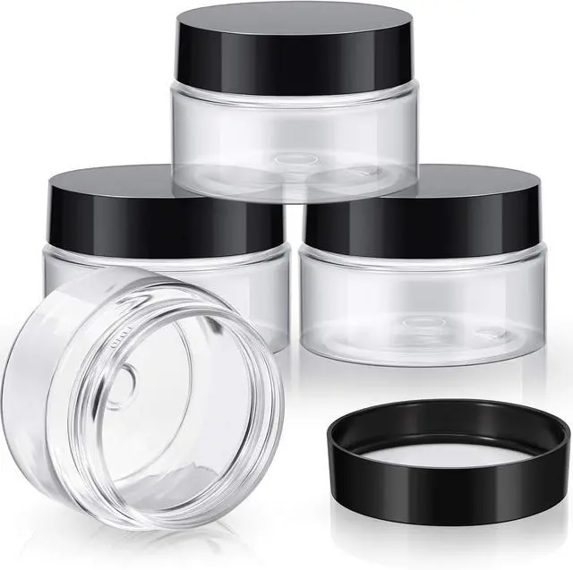 Main image of Patelai 4 Pcs Plastic Jars Wide Mouth with Lids,1 Ounce,Black | Travel Size for Creams Oils, Clear Round Storage Cosmetics Containers, Leak Proof Screw on Lids for Makeup Beauty DIY