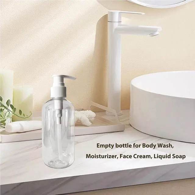 Alt view image 2 of 7 - 2 Pack Empty Plastic Bottles with Pump Dispenser, 8 oz, Clear/White, Refillable Containers for Body Wash, Moisturizer, Face Cream, Liquid Soap