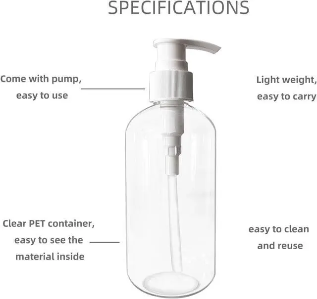 Alt view image 3 of 7 - 2 Pack Empty Plastic Bottles with Pump Dispenser, 8 oz, Clear/White, Refillable Containers for Body Wash, Moisturizer, Face Cream, Liquid Soap