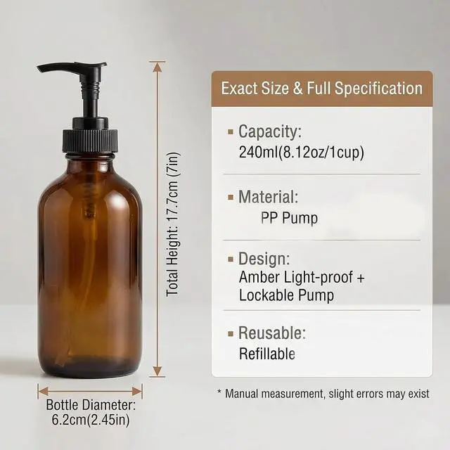 Alt view image 2 of 7 - 250ML 8oz Empty Refillable Amber Glass Bottle Bottle with Black Lotion Pump Lotion Dispenser Round Glass Bottles for Essential Oils Aromatherapy DIY Home Kitchen