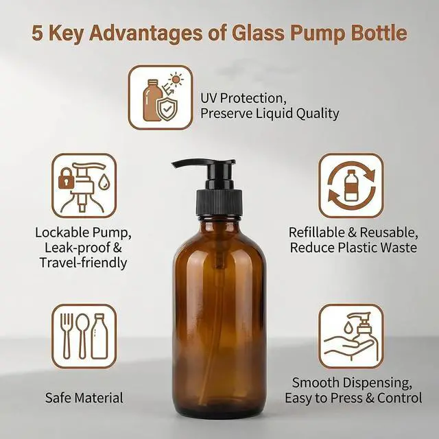Alt view image 3 of 7 - 250ML 8oz Empty Refillable Amber Glass Bottle Bottle with Black Lotion Pump Lotion Dispenser Round Glass Bottles for Essential Oils Aromatherapy DIY Home Kitchen
