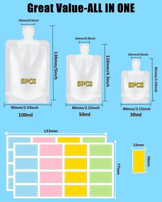 Alt view image 2 of 7 - SEQUHITKU 17 Pack Travel Pouches for Toiletries,TSA Approved,Travel Size Portable Containers,Stand Up Pouch,Refillable Travel Accessories for Shampoo Conditioner Lotion Soap Liquids (B-17pcs)