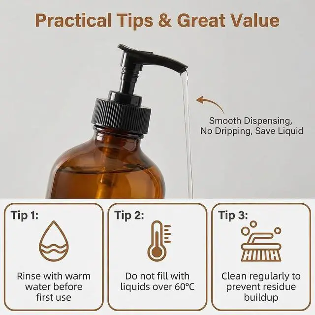Alt view image 4 of 7 - 250ML 8oz Empty Refillable Amber Glass Bottle Bottle with Black Lotion Pump Lotion Dispenser Round Glass Bottles for Essential Oils Aromatherapy DIY Home Kitchen