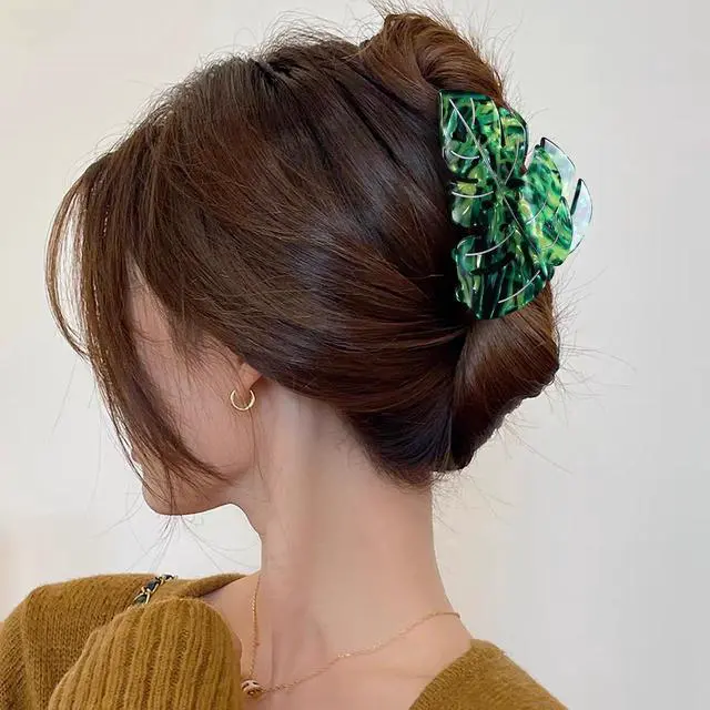 Alt view image 3 of 6 - Hair Claw Clip Green Leaf Shape 3.5 Inch Hair Grip Clip French Design Women Girls Spring Hair Accessories Strong Hold for Thick Thin Hair