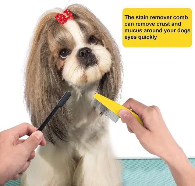 Alt view image 5 of 7 - 5 Pieces Dog Eye Combs Tear Stain Remover Combs Pet Grooming Comb for Small Dogs Gently Removing Eye Mucus and Crust (Yellow, Black)