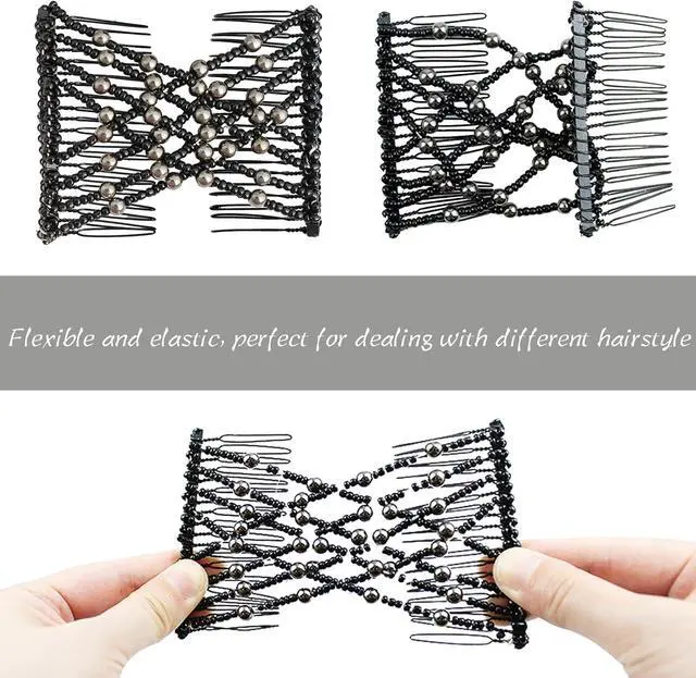 Alt view image 4 of 6 - 5 Pieces Magic Hair Comb Stretchy Double Comb Elastic Beaded Hair Clips for Women Girls Vintage Hairstyle Multipurpose Hair Accessories