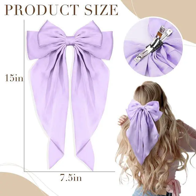Alt view image 3 of 7 - 10 PCS Large Hair Ribbon Barrettes with Long Tails for Women & Girls, TOKUFAGU Vintage French Hair Accessories - Bow Clips in 10 Colors (Set A)