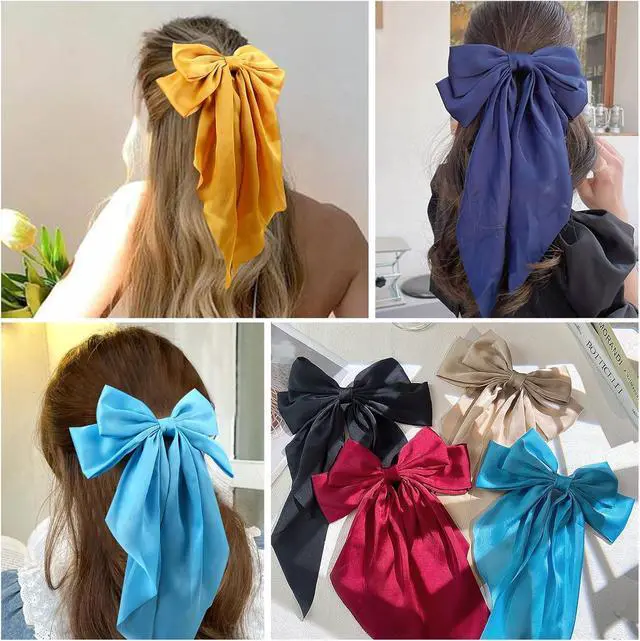 Alt view image 5 of 7 - 10 PCS Large Hair Ribbon Barrettes with Long Tails for Women & Girls, TOKUFAGU Vintage French Hair Accessories - Bow Clips in 10 Colors (Set A)