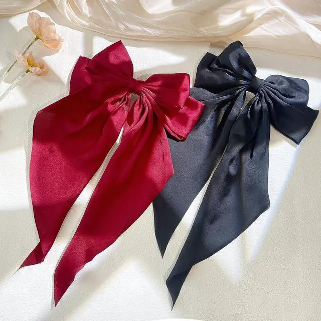 Alt view image 6 of 7 - 10 PCS Large Hair Ribbon Barrettes with Long Tails for Women & Girls, TOKUFAGU Vintage French Hair Accessories - Bow Clips in 10 Colors (Set A)
