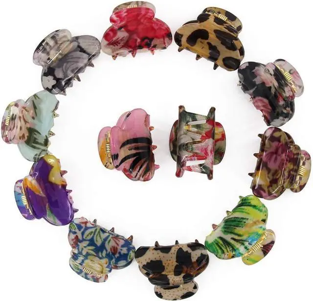 Main image of Mini 1.2 inch Plastic No-Slip Grip Jaw Hair Clip,Floral Printed Small Acrylic Hair Claw Clips for Girls and Women,Pack of 12