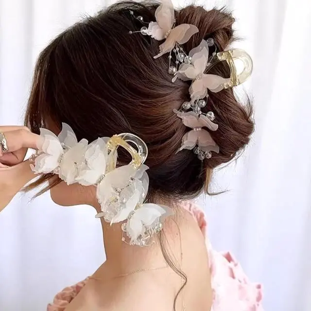 Main image of Set 2pcs Elegant Butterfly Hair Clips, Pearl Decorated Crab Claw Hairpins, White Wedding Hair Accessories, 4.92 x 2.55 inches