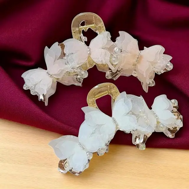Alt view image 5 of 7 - Set 2pcs Elegant Butterfly Hair Clips, Pearl Decorated Crab Claw Hairpins, White Wedding Hair Accessories, 4.92 x 2.55 inches