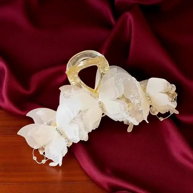 Alt view image 6 of 7 - Set 2pcs Elegant Butterfly Hair Clips, Pearl Decorated Crab Claw Hairpins, White Wedding Hair Accessories, 4.92 x 2.55 inches