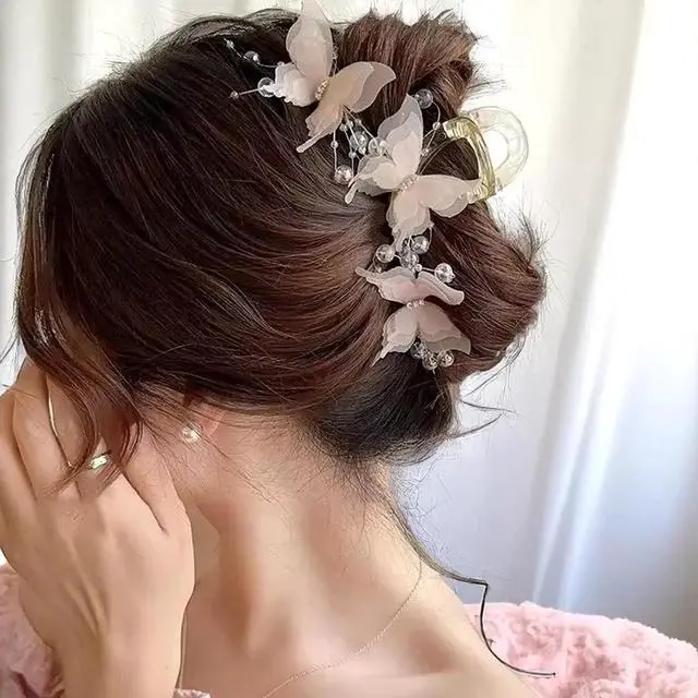 Alt view image 4 of 7 - Set 2pcs Elegant Butterfly Hair Clips, Pearl Decorated Crab Claw Hairpins, White Wedding Hair Accessories, 4.92 x 2.55 inches