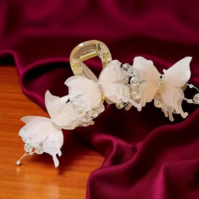 Alt view image 7 of 7 - Set 2pcs Elegant Butterfly Hair Clips, Pearl Decorated Crab Claw Hairpins, White Wedding Hair Accessories, 4.92 x 2.55 inches