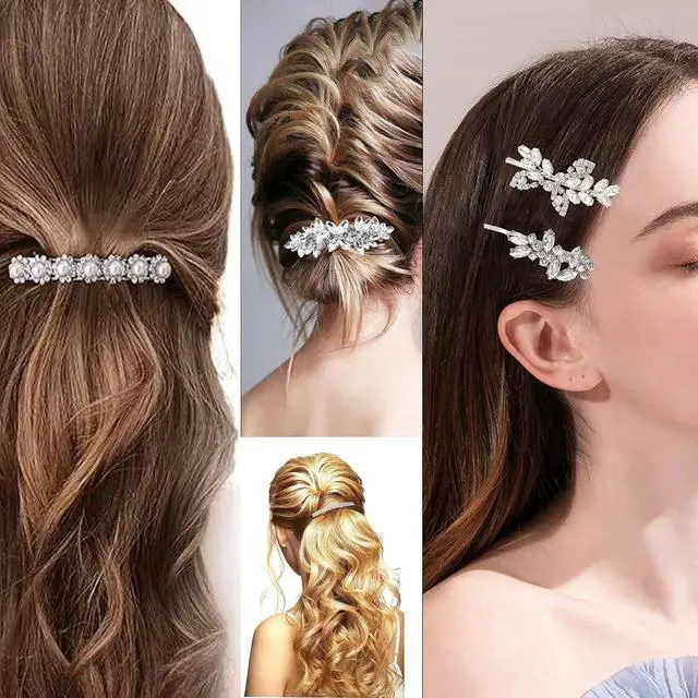 Alt view image 6 of 6 - Hair Barrettes for Women Crystal Rhinestones Hair Clips for Thin Thick Hair Pins French Hair Accessories White Sparkly Wedding Hair Jewelry for Women