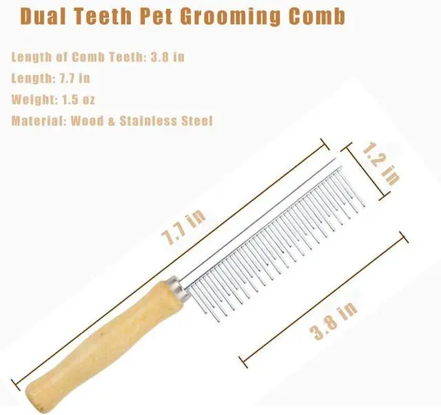 Alt view image 2 of 7 - Dog Cat Grooming Comb with Wooden Handle Stainless Steel Teeth, Pet Grooming Supplies Accessories for Hairy Pets (Dual Teeth)