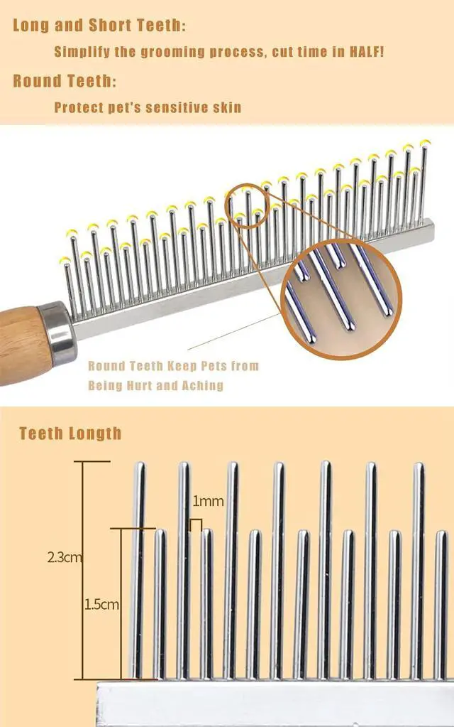 Alt view image 3 of 7 - Dog Cat Grooming Comb with Wooden Handle Stainless Steel Teeth, Pet Grooming Supplies Accessories for Hairy Pets (Dual Teeth)