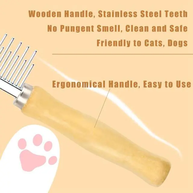 Alt view image 4 of 7 - Dog Cat Grooming Comb with Wooden Handle Stainless Steel Teeth, Pet Grooming Supplies Accessories for Hairy Pets (Dual Teeth)