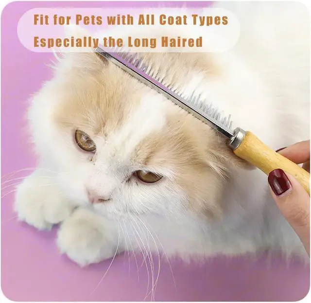 Alt view image 5 of 7 - Dog Cat Grooming Comb with Wooden Handle Stainless Steel Teeth, Pet Grooming Supplies Accessories for Hairy Pets (Dual Teeth)