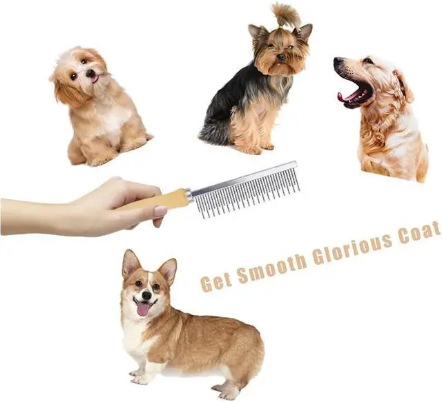 Alt view image 6 of 7 - Dog Cat Grooming Comb with Wooden Handle Stainless Steel Teeth, Pet Grooming Supplies Accessories for Hairy Pets (Dual Teeth)