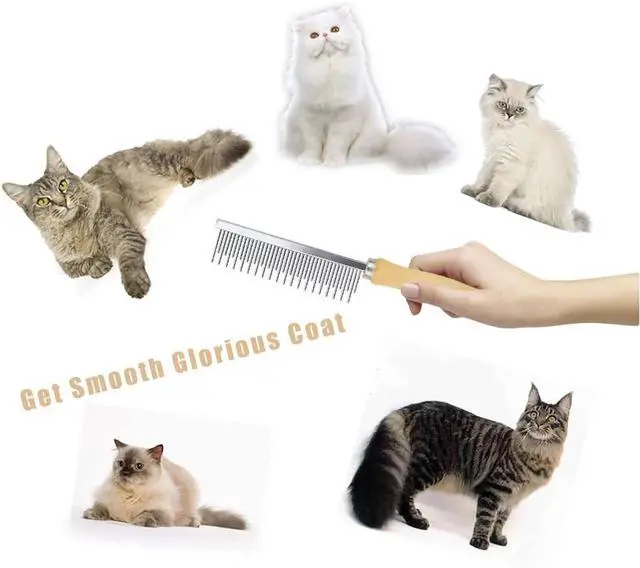 Alt view image 7 of 7 - Dog Cat Grooming Comb with Wooden Handle Stainless Steel Teeth, Pet Grooming Supplies Accessories for Hairy Pets (Dual Teeth)