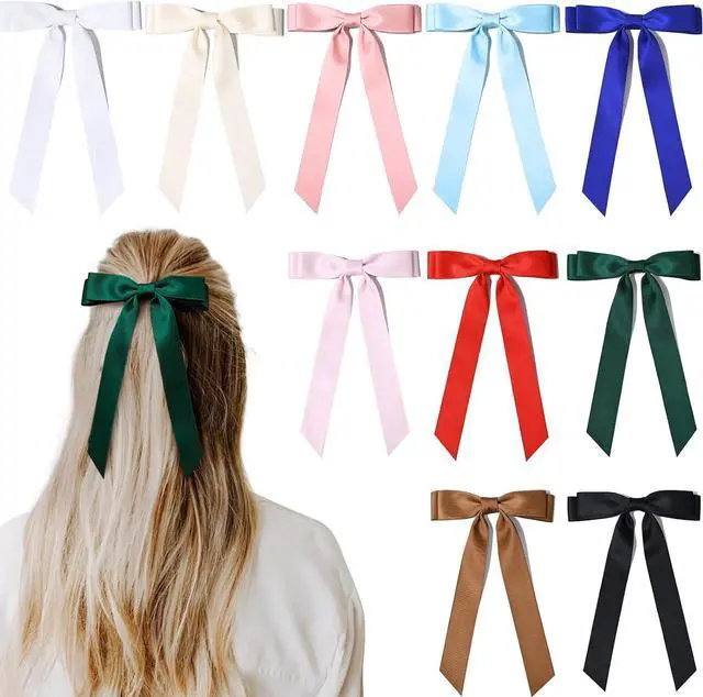 Main image of 10PCS Silky Satin Hair Bows Hair Clip Ribbon Accessories Ponytail Holder Slides Metal Clips French Barrette Hair Bow for Women Girls Toddlers Teens Kids