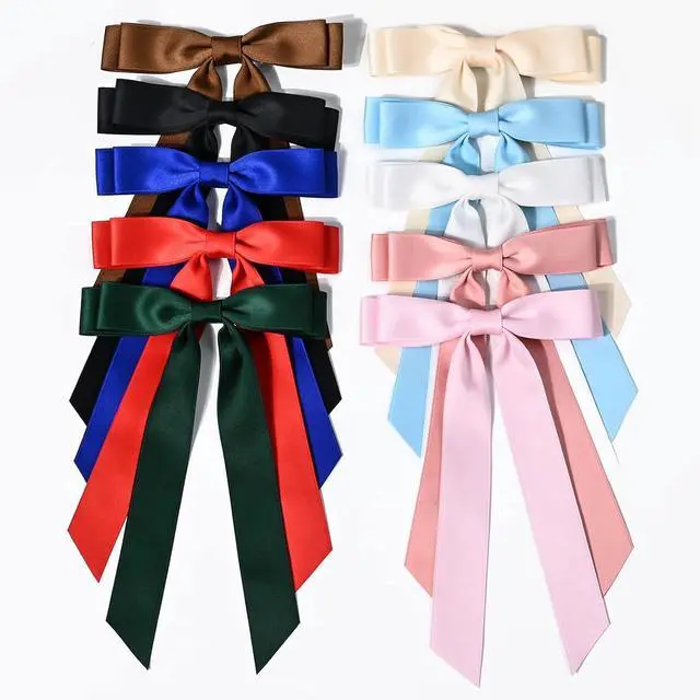 Alt view image 7 of 7 - 10PCS Silky Satin Hair Bows Hair Clip Ribbon Accessories Ponytail Holder Slides Metal Clips French Barrette Hair Bow for Women Girls Toddlers Teens Kids