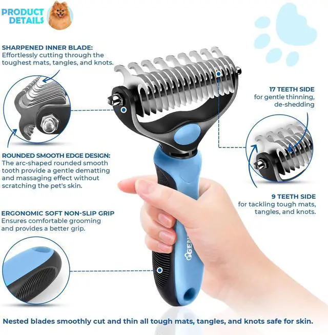 Alt view image 2 of 7 - Undercoat Rake for Dogs & Cats, Dematting Comb with Extra Wide Double-Sided Stainless Steel Teeth for Detangling, Deshedding, Brushing, Thinning & Removing Shed Fur, Knots, Mats, and Tangles in Pets