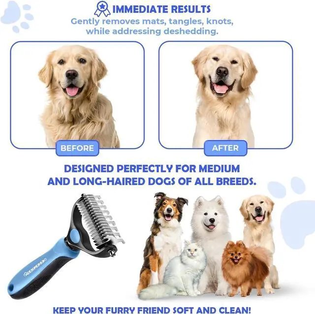 Alt view image 5 of 7 - Undercoat Rake for Dogs & Cats, Dematting Comb with Extra Wide Double-Sided Stainless Steel Teeth for Detangling, Deshedding, Brushing, Thinning & Removing Shed Fur, Knots, Mats, and Tangles in Pets