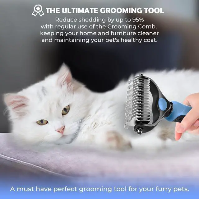 Alt view image 6 of 7 - Undercoat Rake for Dogs & Cats, Dematting Comb with Extra Wide Double-Sided Stainless Steel Teeth for Detangling, Deshedding, Brushing, Thinning & Removing Shed Fur, Knots, Mats, and Tangles in Pets