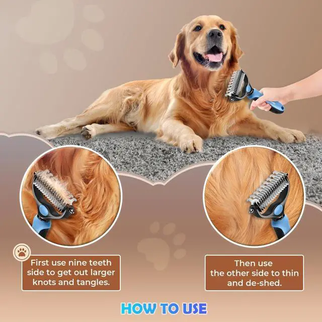 Alt view image 4 of 7 - Undercoat Rake for Dogs & Cats, Dematting Comb with Extra Wide Double-Sided Stainless Steel Teeth for Detangling, Deshedding, Brushing, Thinning & Removing Shed Fur, Knots, Mats, and Tangles in Pets