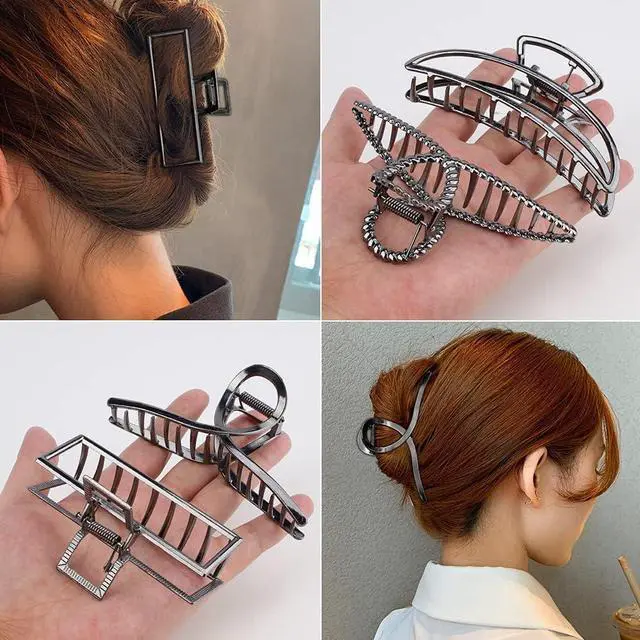 Alt view image 3 of 7 - Large Metal Hair Claws for Thick Long Hair - Butterfly Clips with Grip Teeth, Non-Slip Big Jaw Clamps for Women (Black)