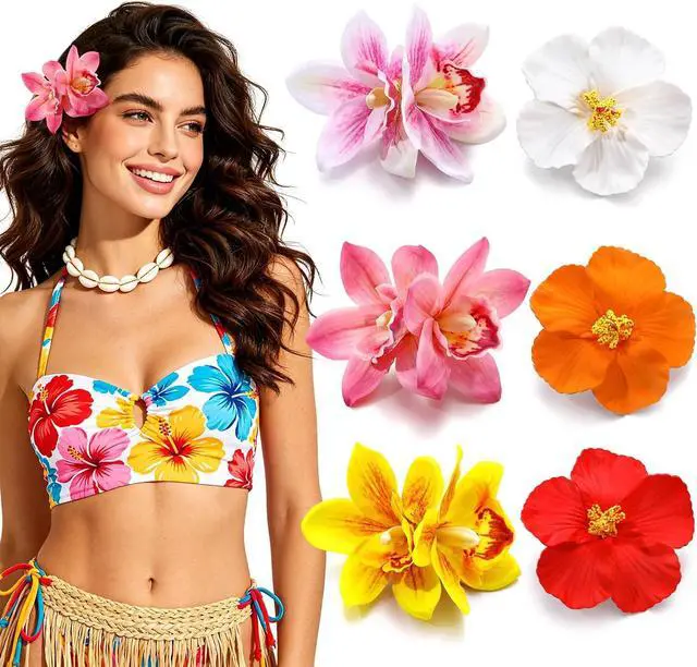 Main image of 6 Pcs Hawaiian Flower Hair Clips for Women, Large Artificial Tropical Hibiscus Hair Clips Orchid Flower Clips Hawaiian Hair Accessories for Vacation Beach Party Wedding