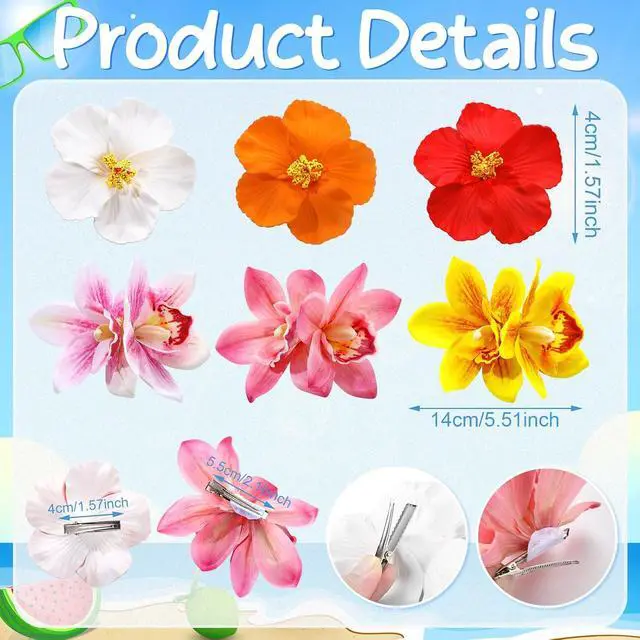 Alt view image 2 of 7 - 6 Pcs Hawaiian Flower Hair Clips for Women, Large Artificial Tropical Hibiscus Hair Clips Orchid Flower Clips Hawaiian Hair Accessories for Vacation Beach Party Wedding