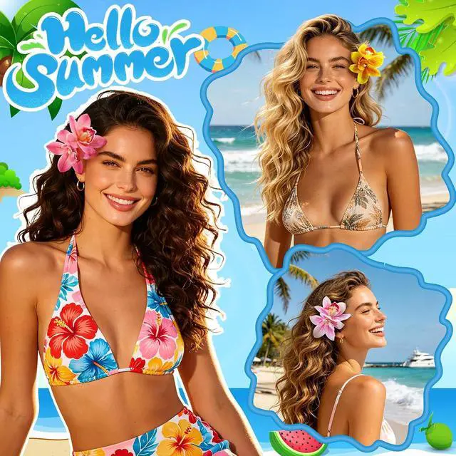 Alt view image 3 of 7 - 6 Pcs Hawaiian Flower Hair Clips for Women, Large Artificial Tropical Hibiscus Hair Clips Orchid Flower Clips Hawaiian Hair Accessories for Vacation Beach Party Wedding