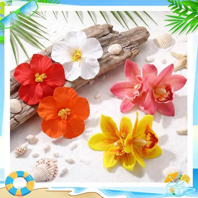 Alt view image 5 of 7 - 6 Pcs Hawaiian Flower Hair Clips for Women, Large Artificial Tropical Hibiscus Hair Clips Orchid Flower Clips Hawaiian Hair Accessories for Vacation Beach Party Wedding