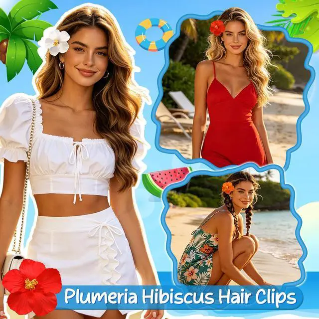 Alt view image 4 of 7 - 6 Pcs Hawaiian Flower Hair Clips for Women, Large Artificial Tropical Hibiscus Hair Clips Orchid Flower Clips Hawaiian Hair Accessories for Vacation Beach Party Wedding