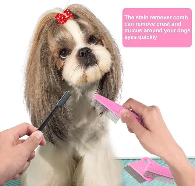 Alt view image 6 of 7 - 5 Pieces Dog Eye Combs Tear Stain Remover Combs Pet Grooming Comb for Small Dogs Gently Removing Eye Mucus and Crust (Pink, Black)