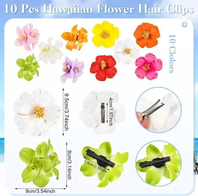 Alt view image 2 of 7 - 10 Pcs Hawaiian Flower Hair Clips for Women, Plumeria Hibiscus Hair Clips, 3.5 Inch Artificial Flower Clips for Vacation Party Beach Seaside